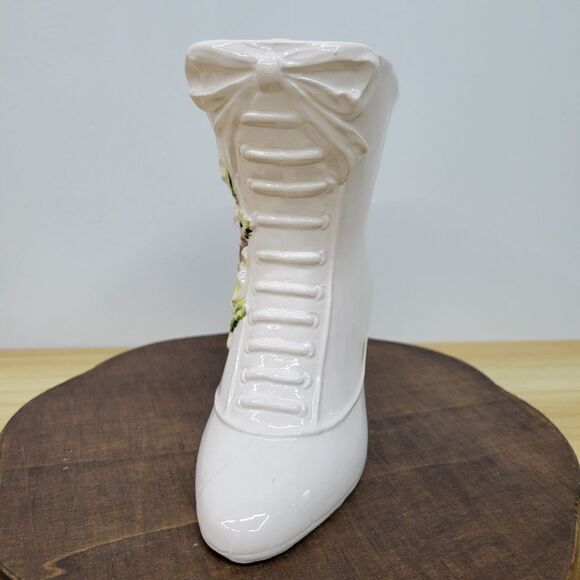 Vintage 1960's Napco Ivory Boot Vase Victorian Style Yellow & Orange Floral Vase - Picture 5 of 15